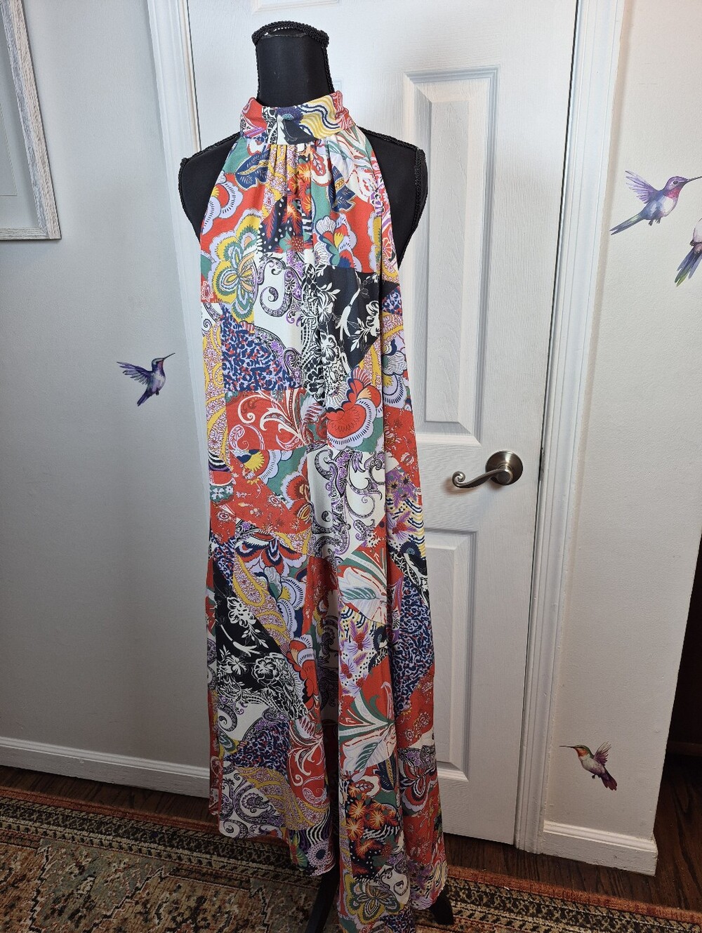 Anthropologie 100% Silk Patchwork Halter Maxi Dress XL Boho Whimsigoth Vibrant - Picture 5 of 8